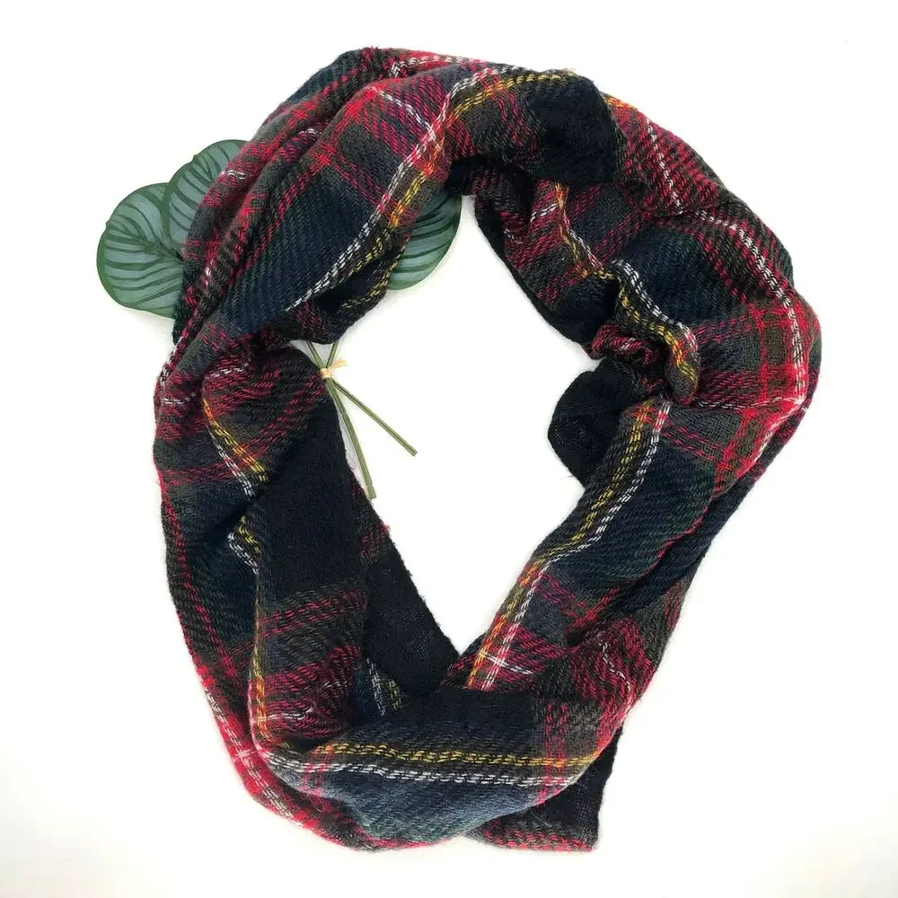 Navy Blue Red Yellow White Plaid Acrylic Loose Knit Lightweight Infinity Scarf